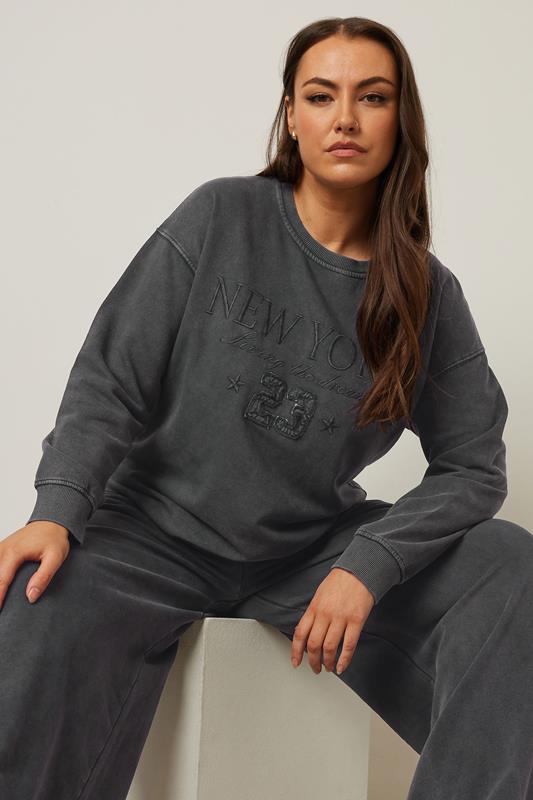 Yours YOURS Curve Charcoal Grey 'New York' Embroidered Slogan Sweatshirt