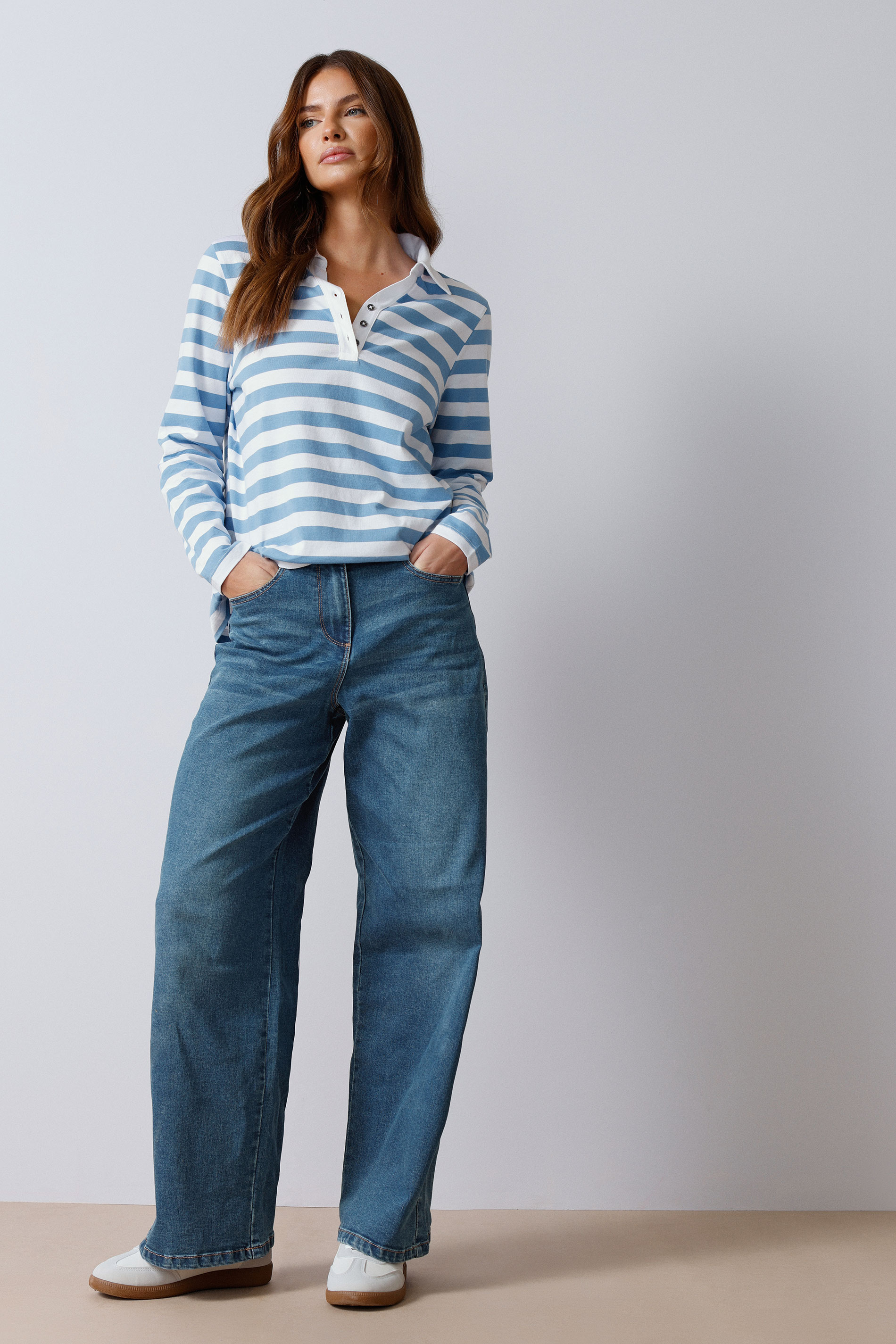 M&Co Womens M&Co Blue & White Cotton Stripe Polo Shirt