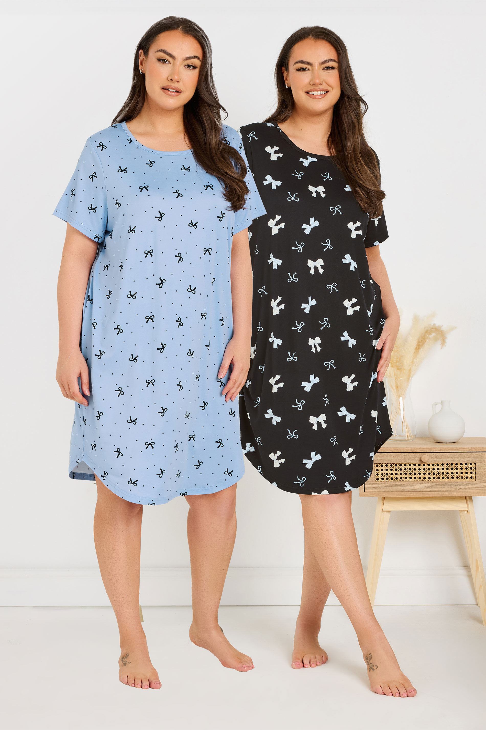 Yours YOURS Curve 2 PACK Black & Blue Bow Print Soft Touch Nightdresses