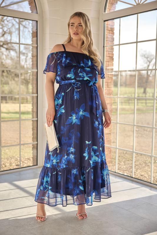 Yours London YOURS LONDON Curve Navy Blue Floral Metallic Ruffle Maxi Dress