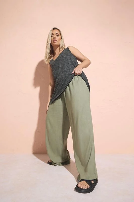 Yours YOURS Curve Olive Green Linen Tie Front Trousers