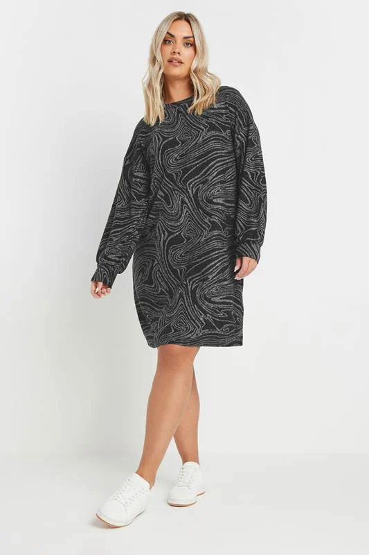 Yours YOURS Curve Black Abstract Print Soft Touch Jumper Dress