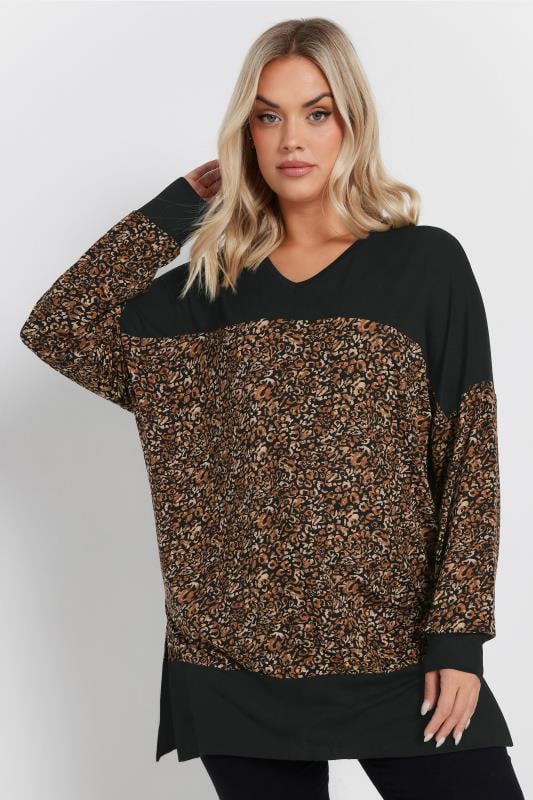 Yours YOURS Curve Black & Brown Leopard Print Colourblock Top