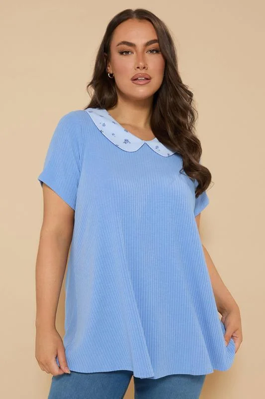 Yours YOURS Curve Blue Ditsy Floral Collar Ribbed Swing Top