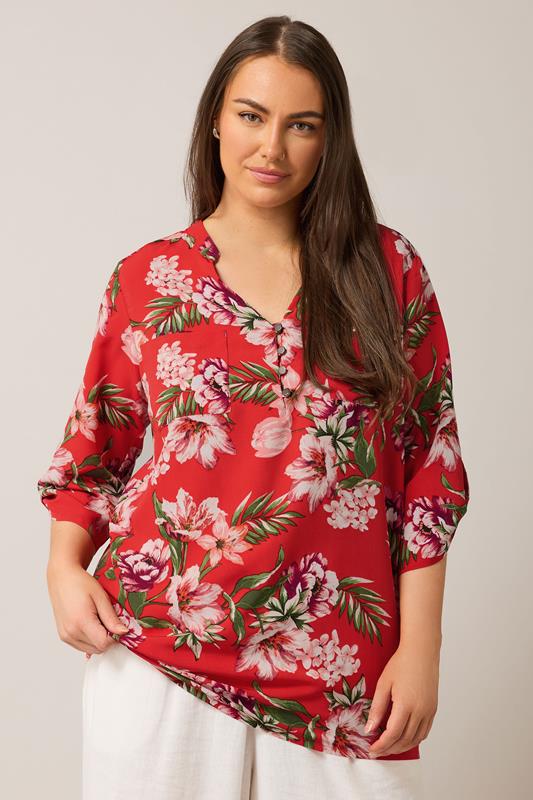 Evans EVANS Curve Red Floral Print Button Detail Blouse