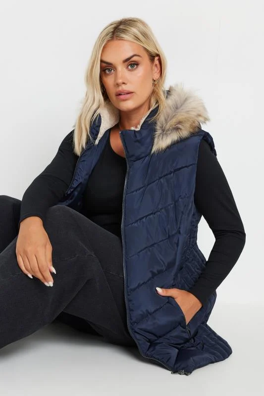 Yours YOURS Curve Navy Blue Faux Fur Trim Padded Gilet