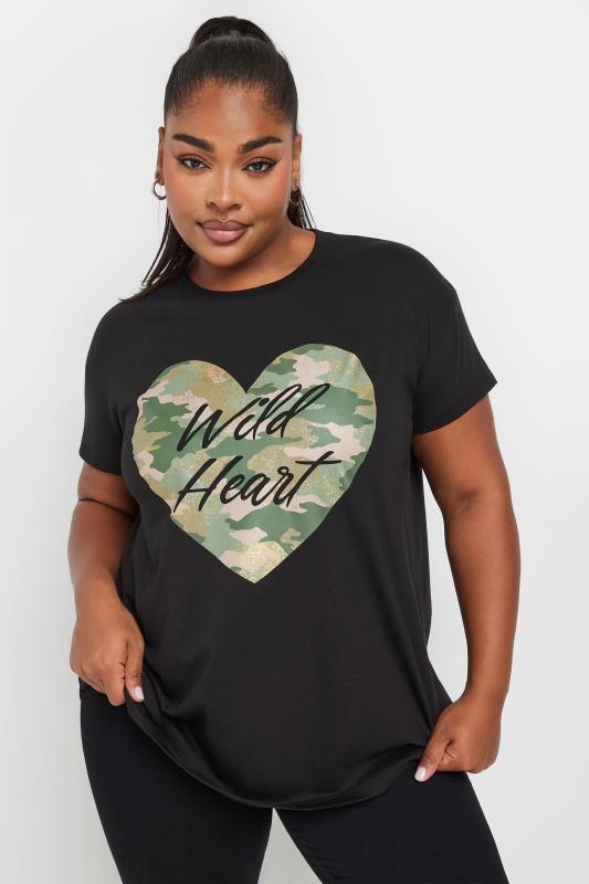 Yours YOURS Curve Black 'Wild Heart' Camo Printed T-Shirt