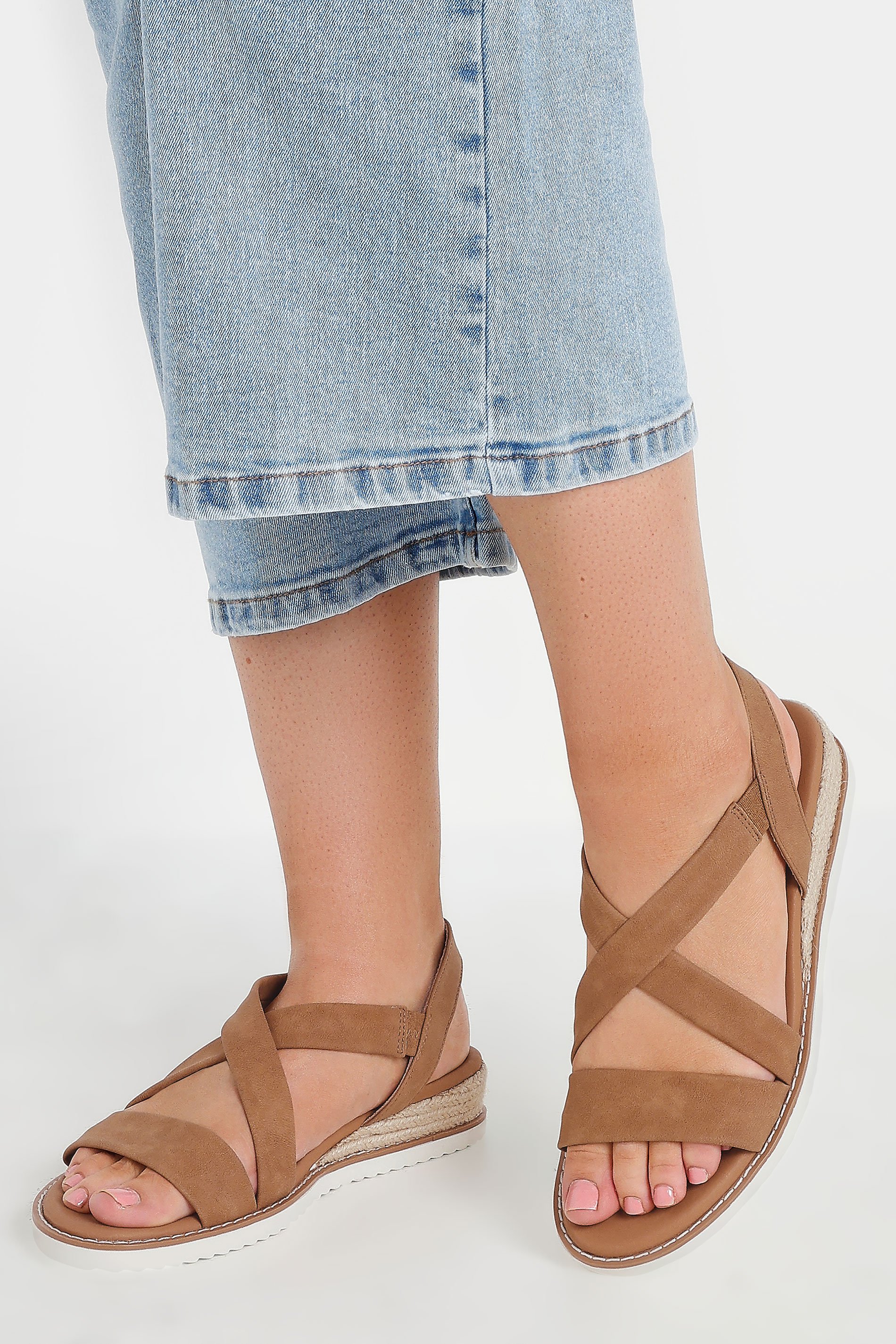 Yours Brown Cross Over Strappy Wedge Sandals In Wide E & Extra Wide EEE Fit