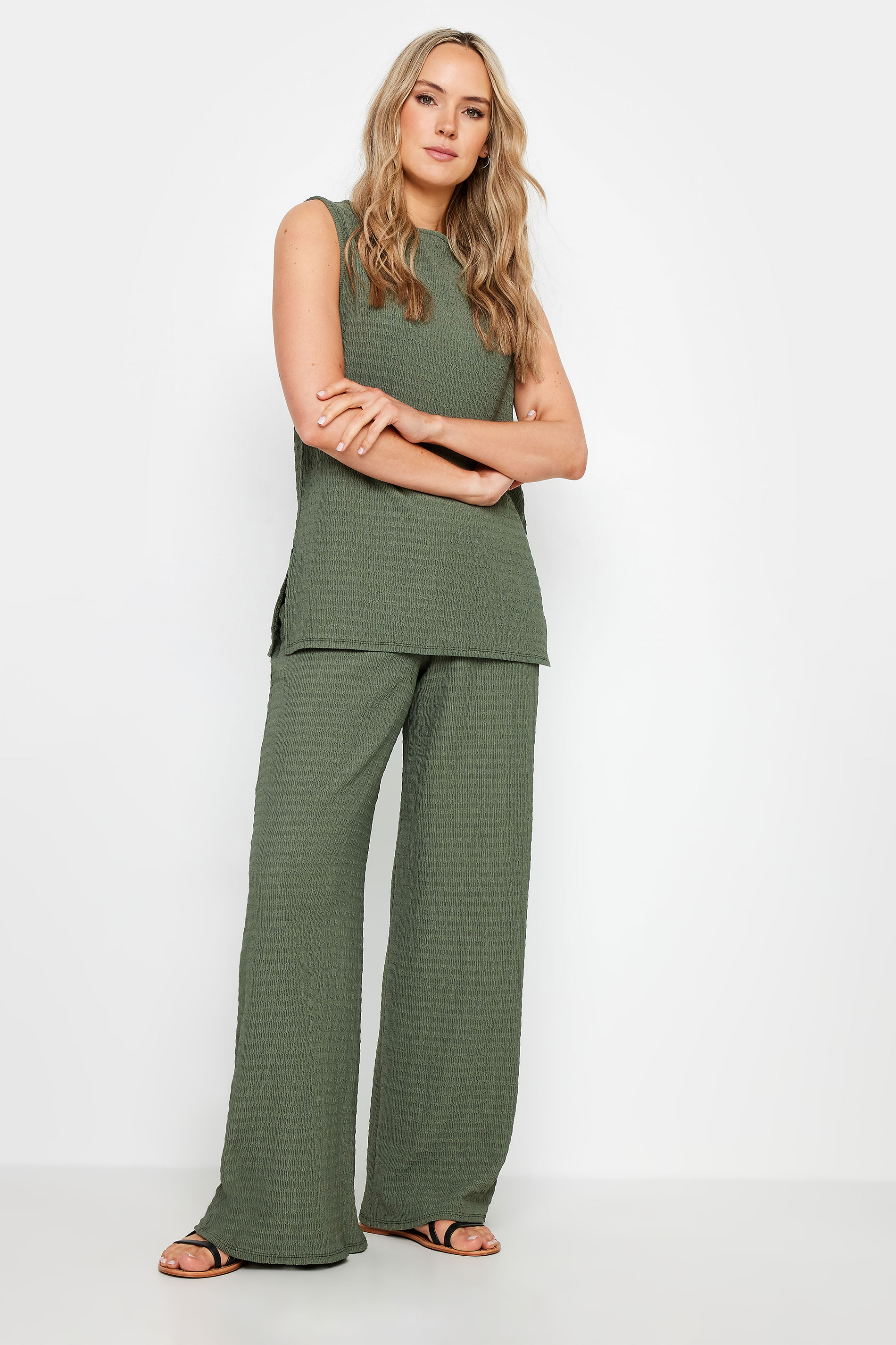 LTS LTS Tall Khaki Green Wide Leg Textured Trousers