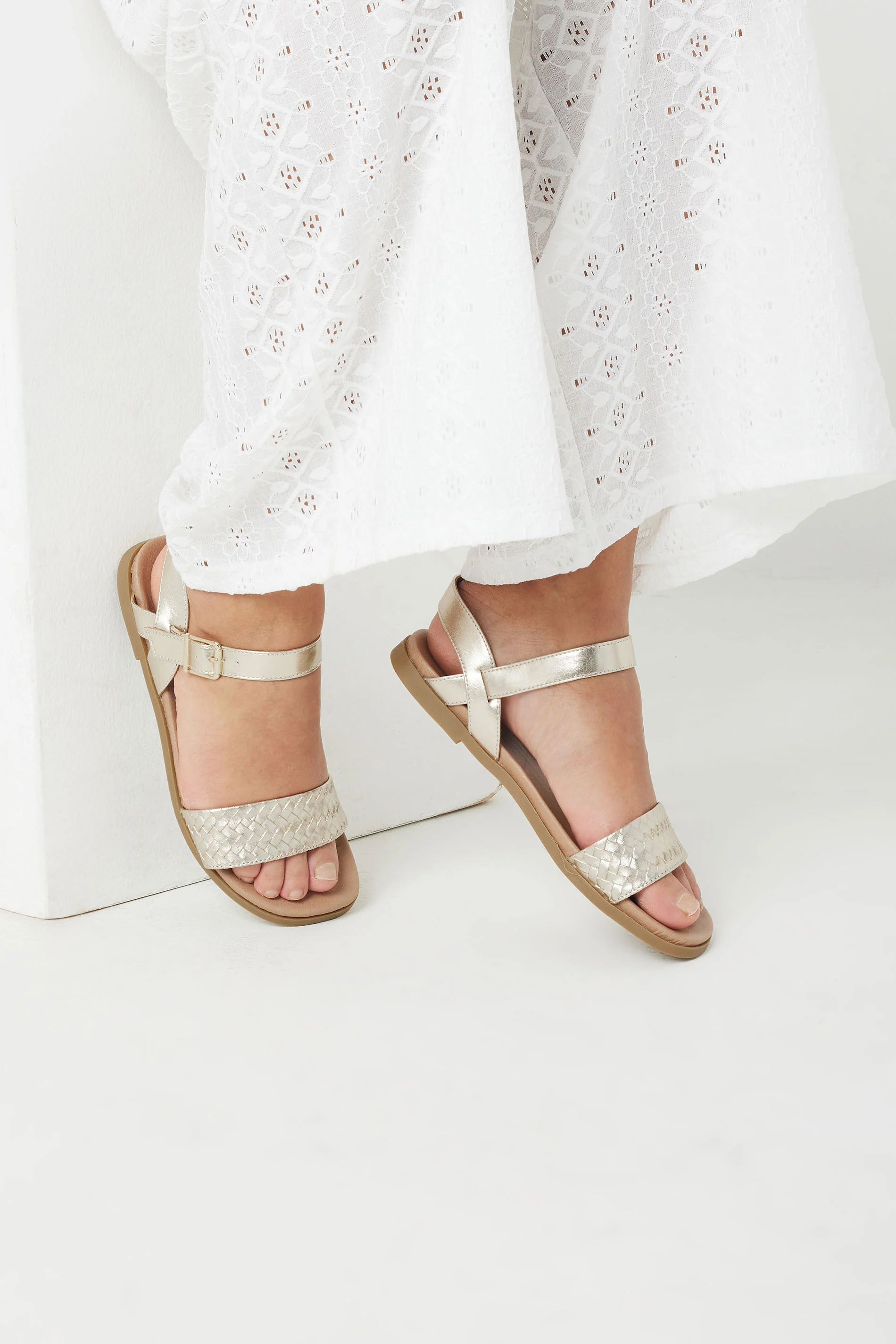 Yours Gold Faux Leather Woven Sandals In Extra Wide EEE Fit