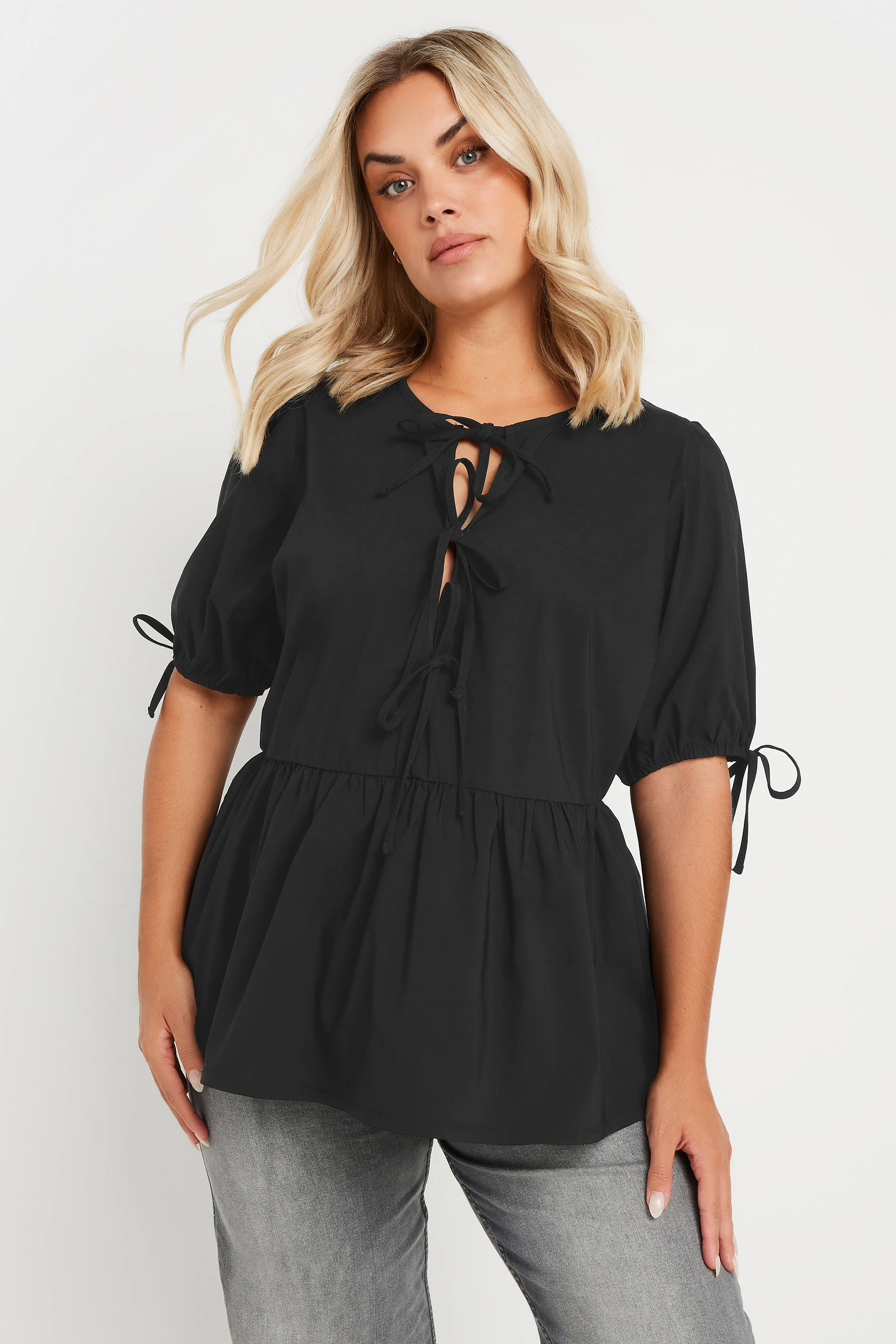Limited Collection LIMITED COLLECTION Curve Black Bow Tie Front Peplum Top