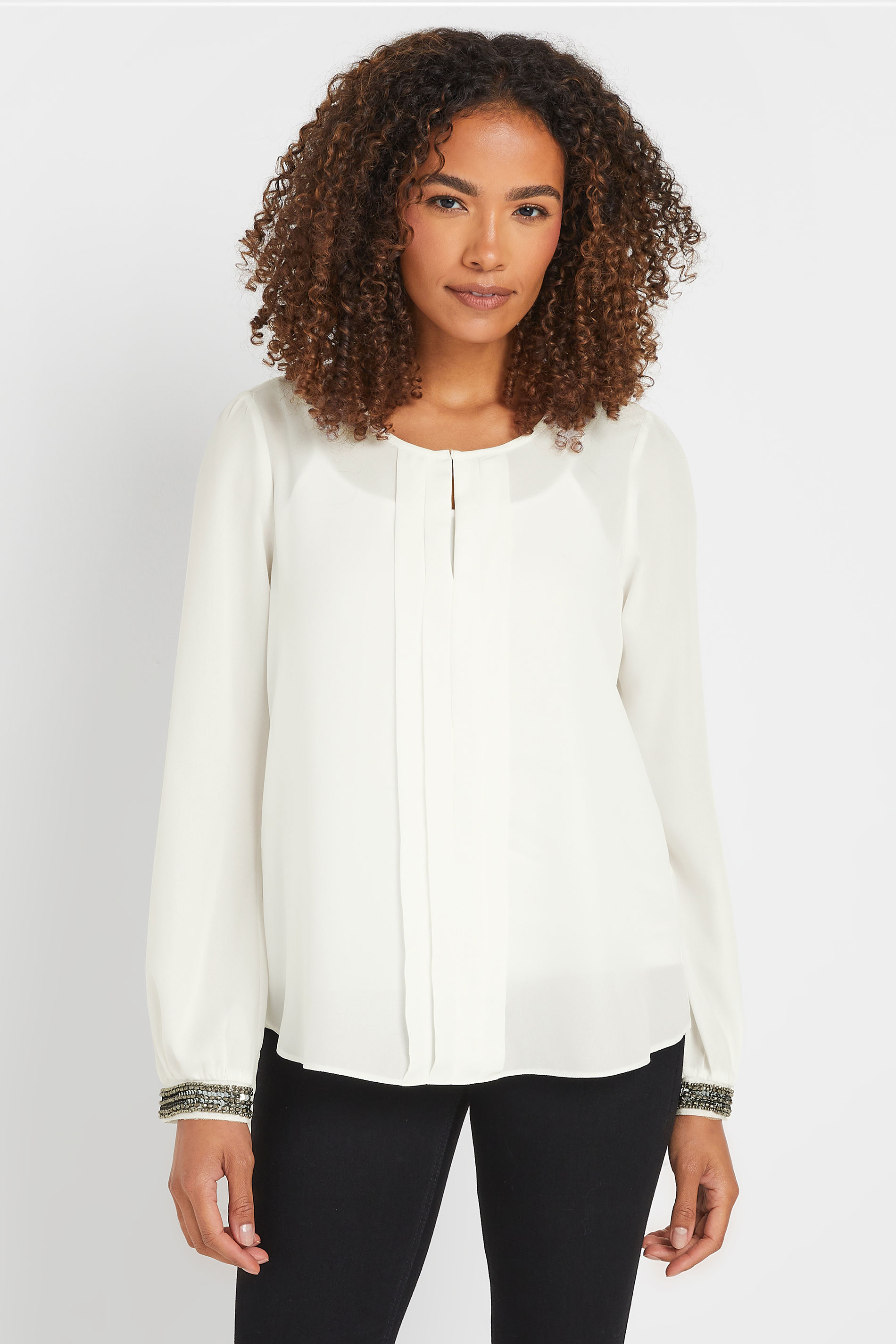 M&Co Womens M&Co White Sequin Cuffed Sleeve Pleated Blouse