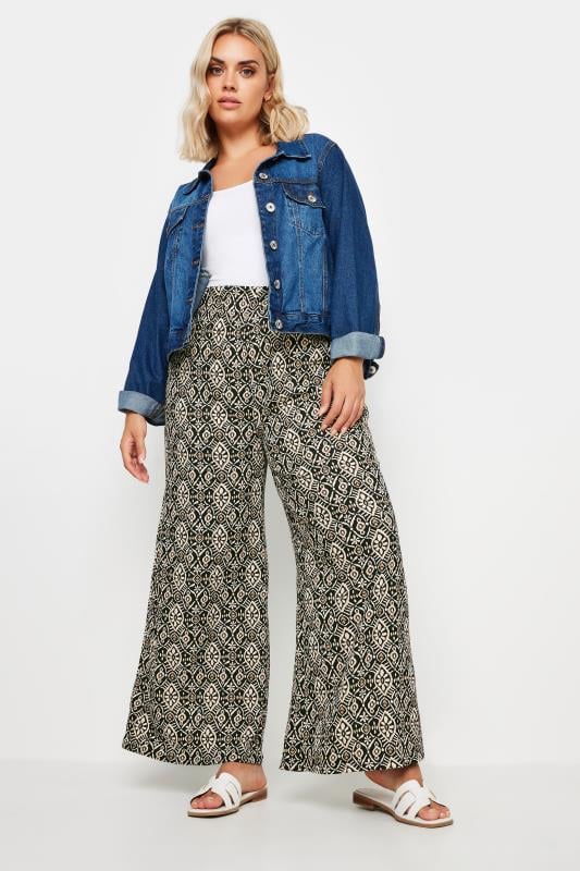 Yours YOURS Curve Black Tile Print Textured Wide Leg Trousers