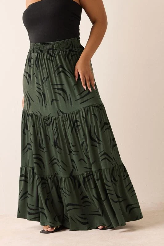 Yours YOURS Curve Khaki Green Abstract Tiered Maxi Skirt