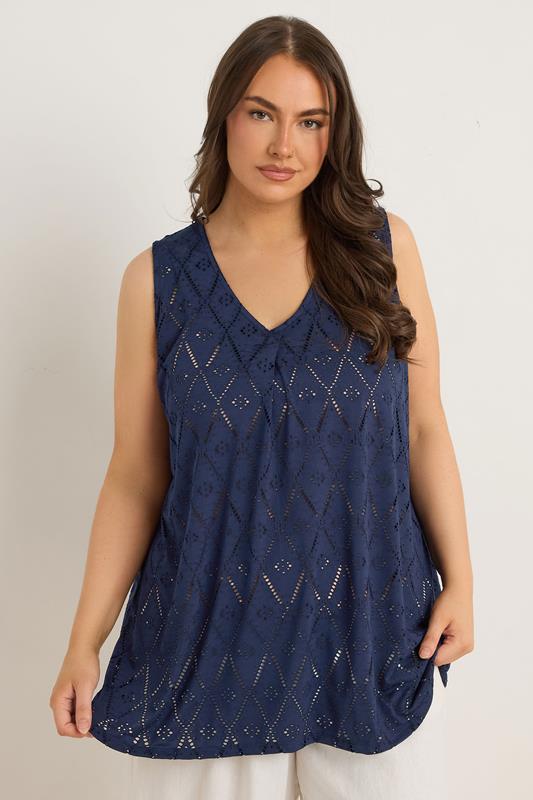 Evans EVANS Curve Navy Blue Broderie Anglaise Vest Top