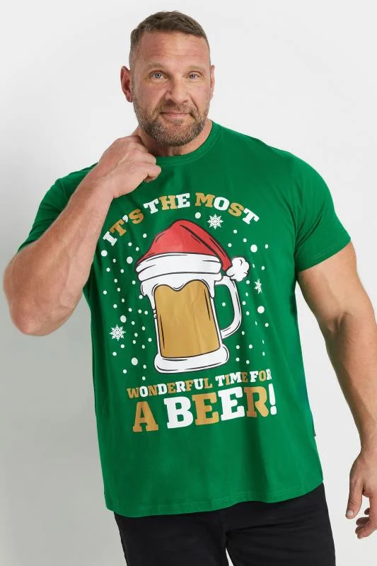 BadRhino BadRhino Big & Tall Green Christmas 'Beer' Slogan T-Shirt