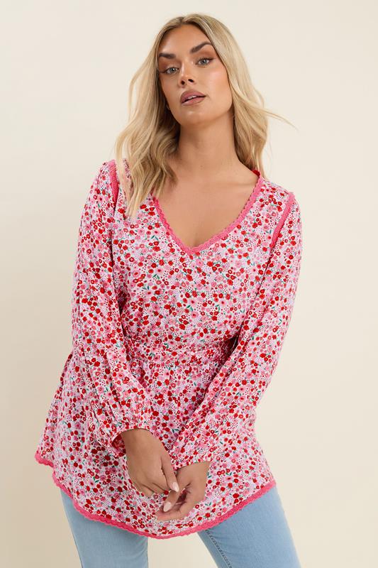 Yours YOURS Curve Pink Ditsy Floral Print Smock Top