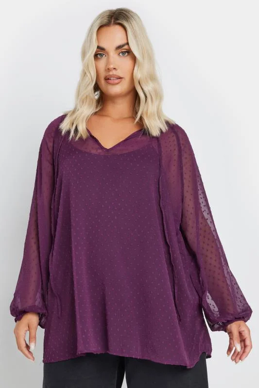 Yours YOURS Curve Purple Tie Neck Dobby Blouse
