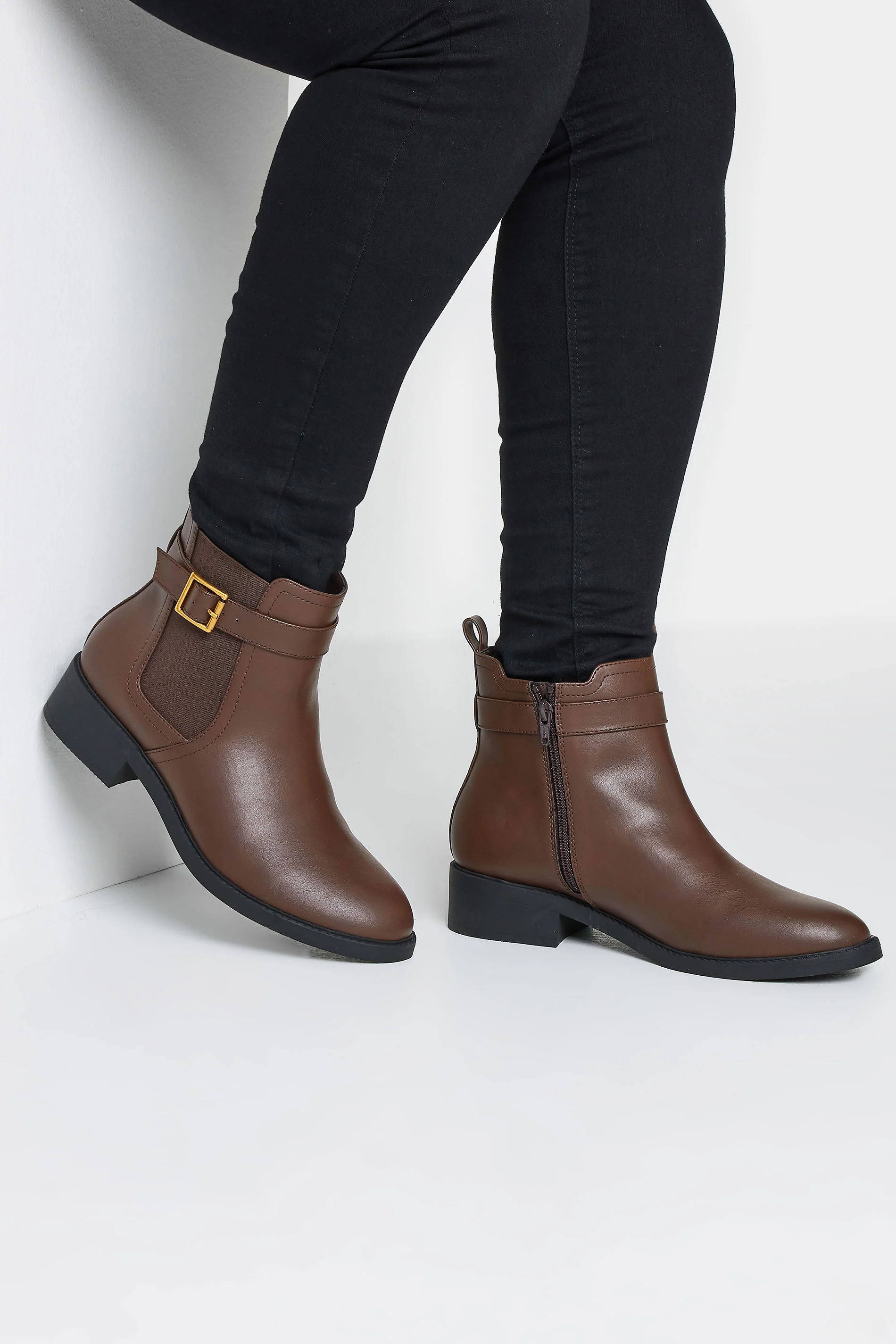 Yours Brown Buckle Faux Leather Ankle Boots In Wide E Fit & Extra Wide EEE Fit