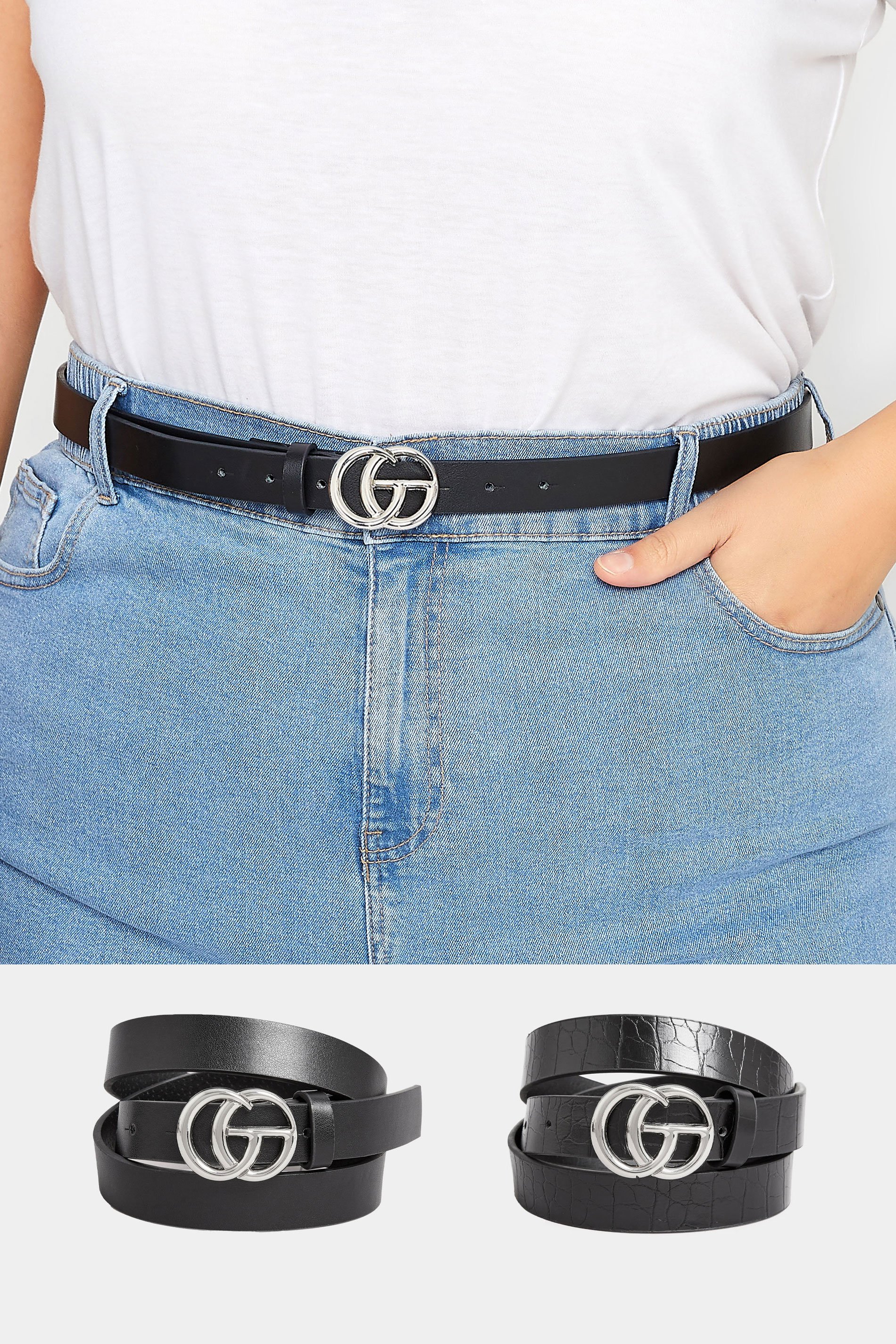 Yours 2 PACK Black & Croc Print Initial Logo Belts