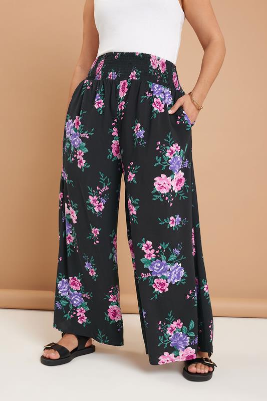 Yours YOURS Curve Black Floral Print Shirred Wide Leg Trousers