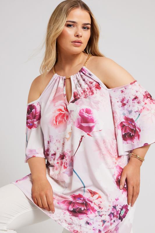 Yours London YOURS LONDON Curve Pink Floral Print Cold Shoulder Top