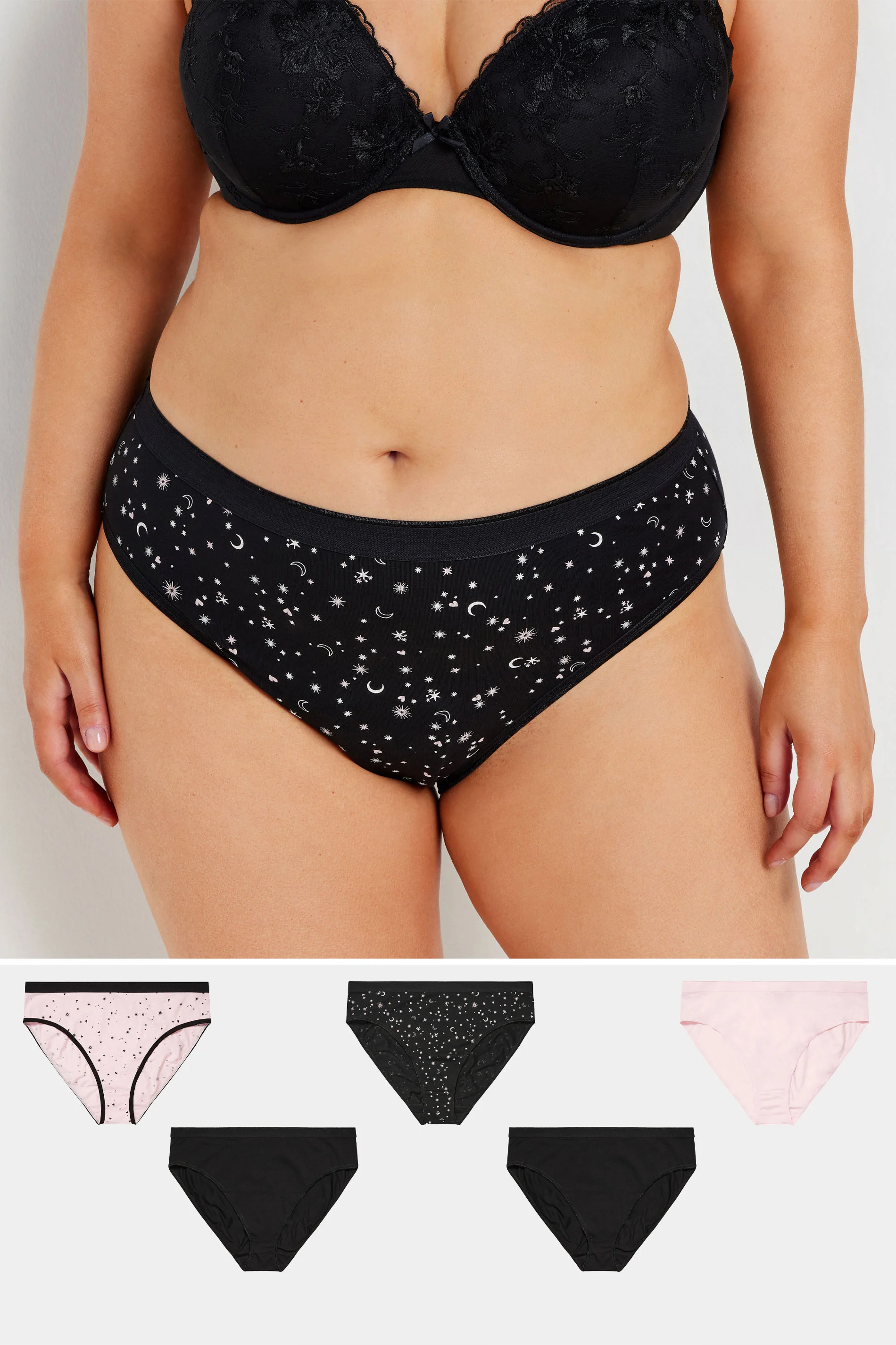Yours YOURS 5 PACK Curve Black & Pink Star Print High Leg Knickers
