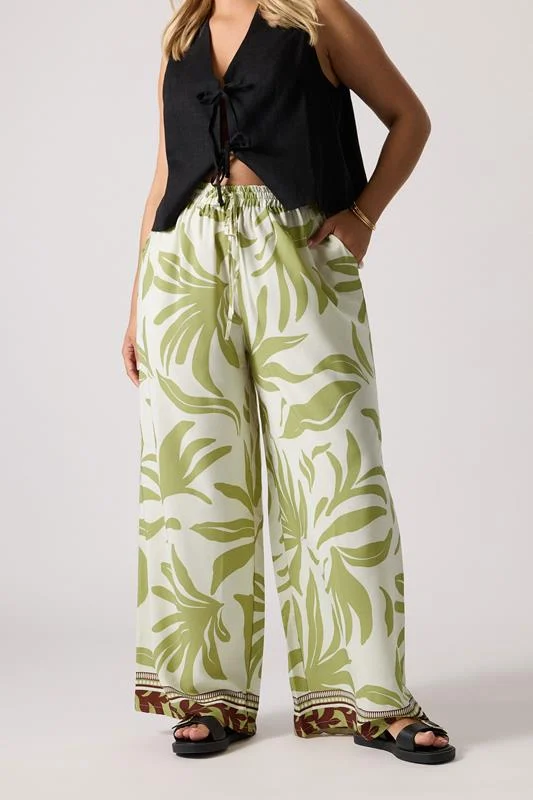 Yours YOURS Curve Light Green Leaf Print Wide Leg Trousers