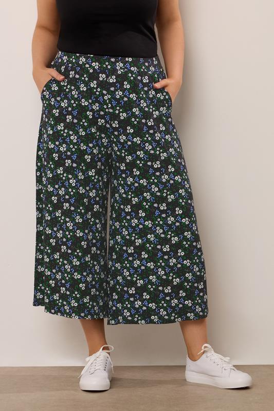 Yours YOURS Curve Black & Blue Floral Print Midaxi Culottes