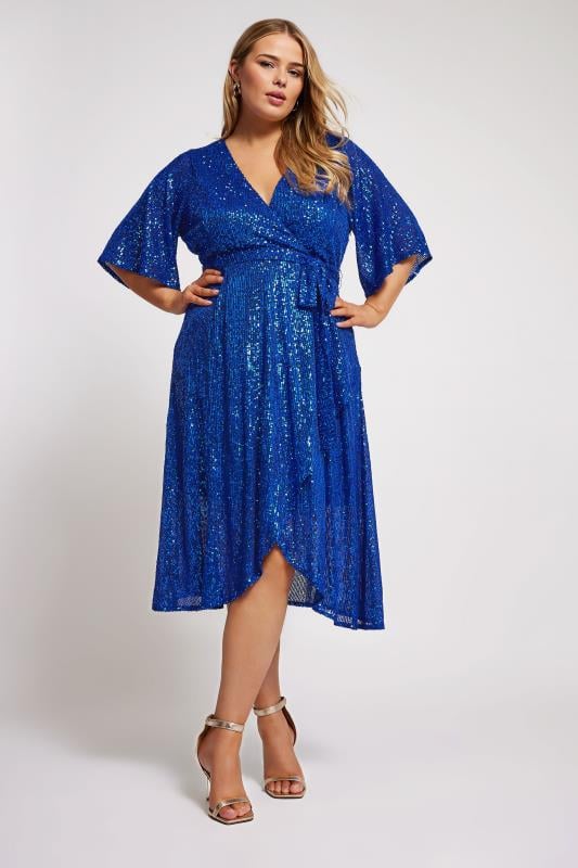 Yours London YOURS LONDON Curve Blue Sequin Wrap Dress