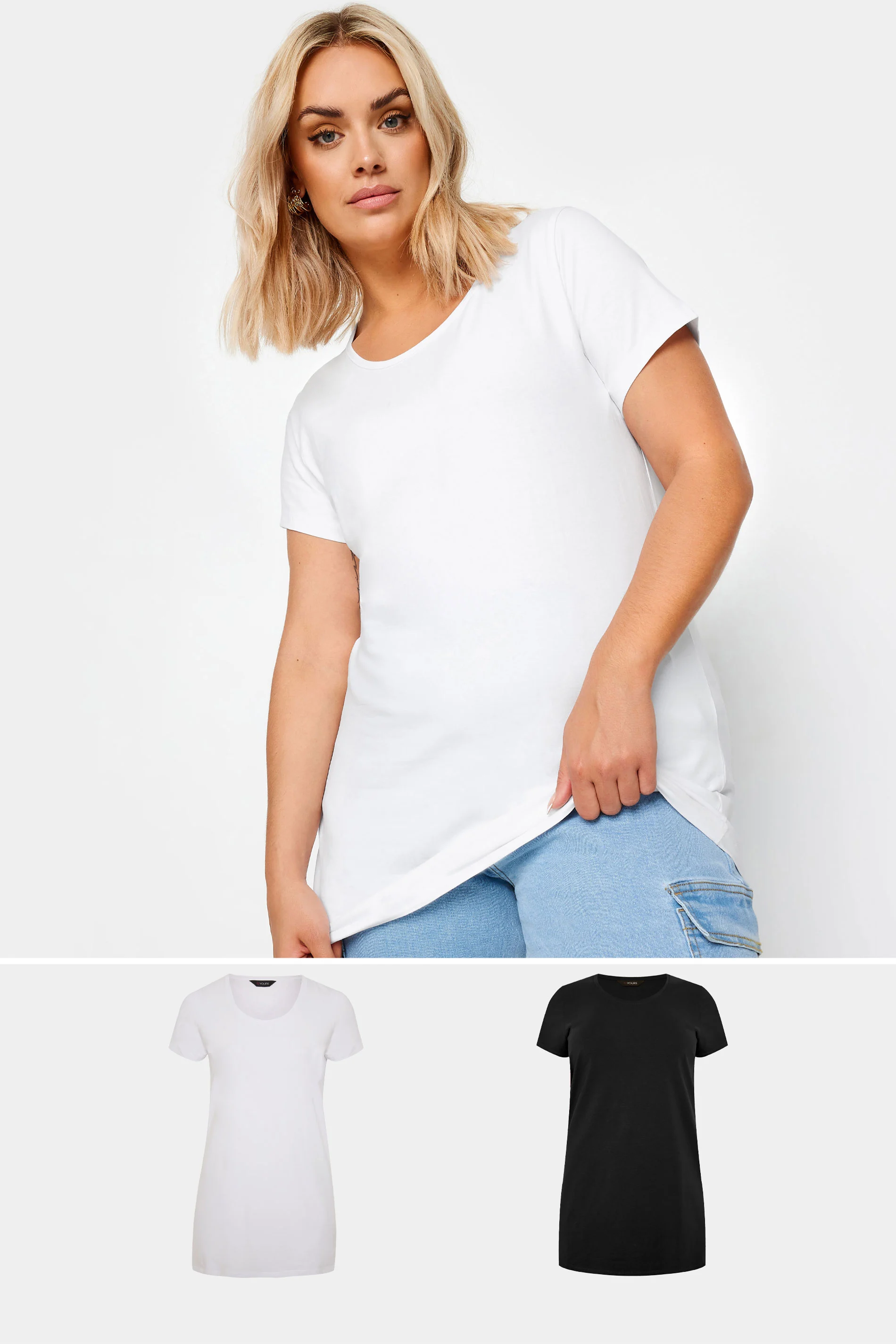 Yours YOURS Curve 2 PACK Black & White Longline T-Shirts