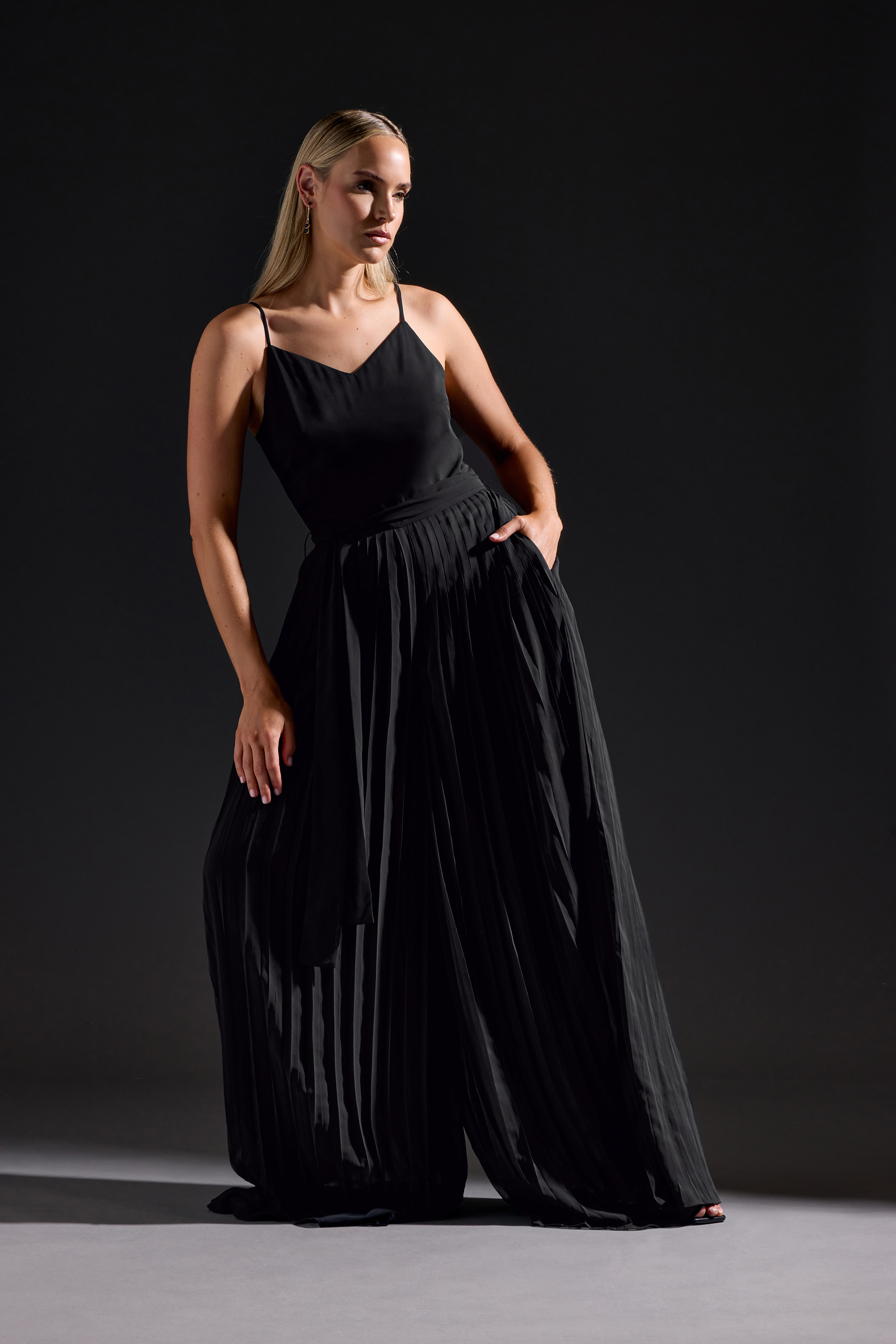 LTS LTS Tall Black Chiffon Pleated Wide Leg Jumpsuit