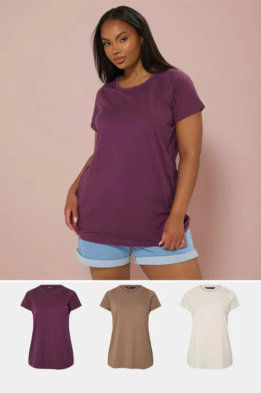 Yours YOURS Curve 3 PACK Natural Brown & Purple Core T-Shirts