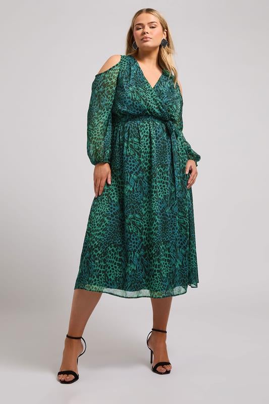 Yours London YOURS LONDON Curve Green Animal Print Cold Shoulder Dress