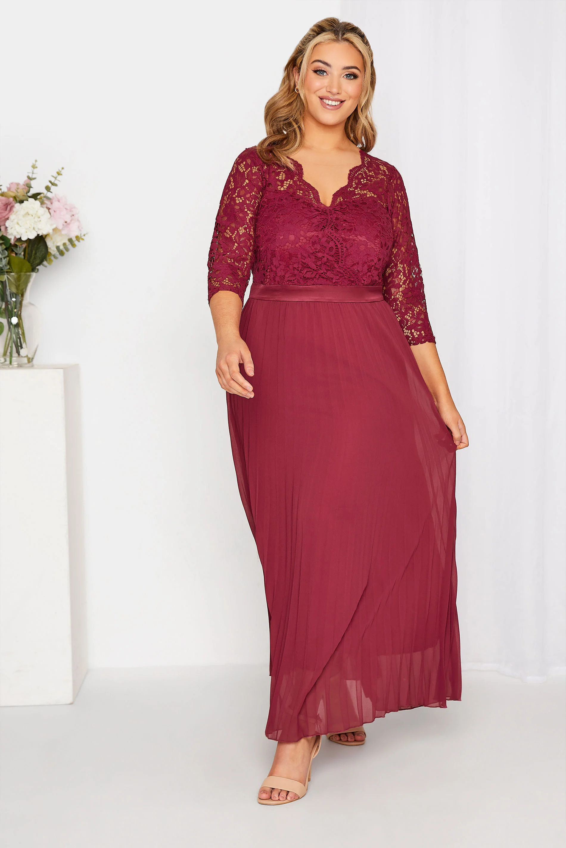 Yours London YOURS LONDON Curve Burgundy Red Lace Pleated Maxi Dress