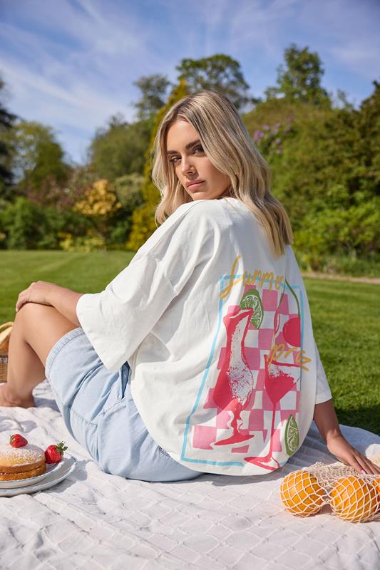 Yours YOURS Curve White & Pink 'Summer Spritz' Graphic Back Print T-Shirt