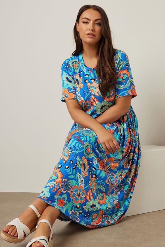 Yours YOURS Curve Blue Floral Print Midi Smock Dress