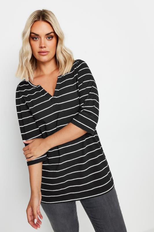 Yours YOURS Curve Black & White Stripe Notch Neck T-Shirt