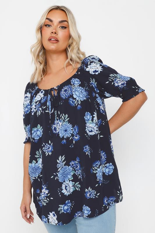 Yours YOURS Curve Navy Blue Floral Tie Neck Top