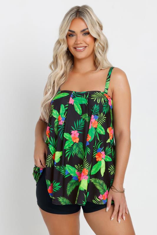 Yours YOURS Curve Black Tropical Print A-Line Tankini Top