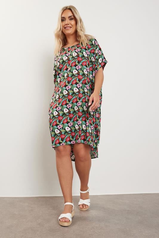 Yours YOURS Curve Black Floral Print Dipped Hem Shift Dress