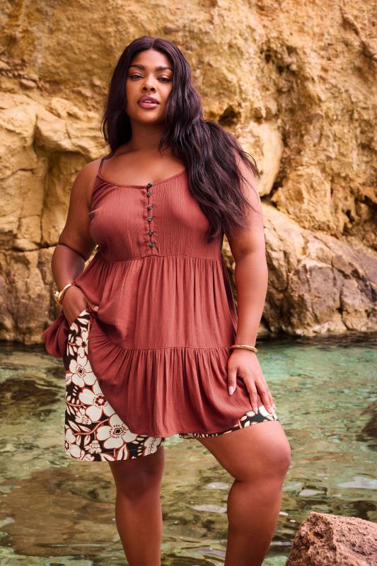 Yours YOURS Curve Rust Orange Crinkle Tiered Vest Top