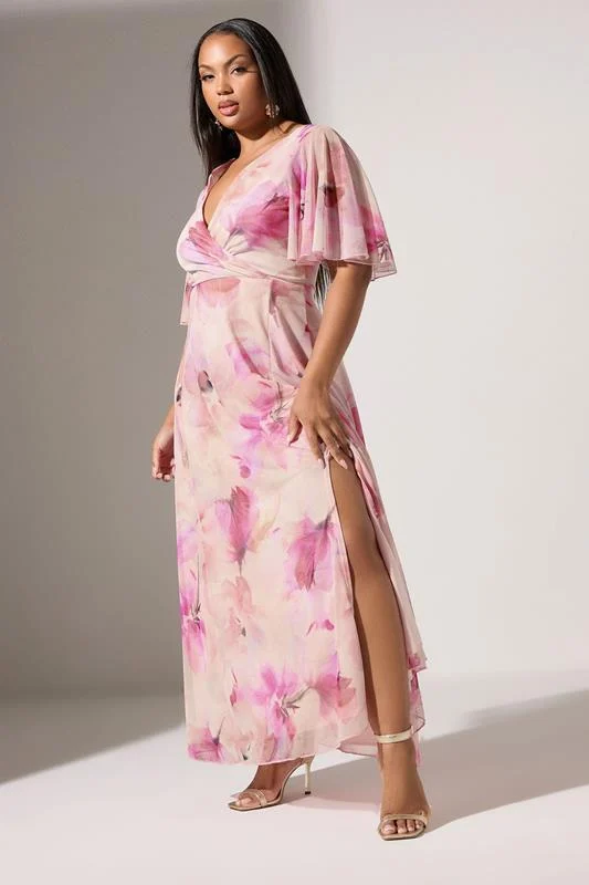 Yours London YOURS LONDON Curve Light Pink Floral Mesh Wrap Maxi Dress