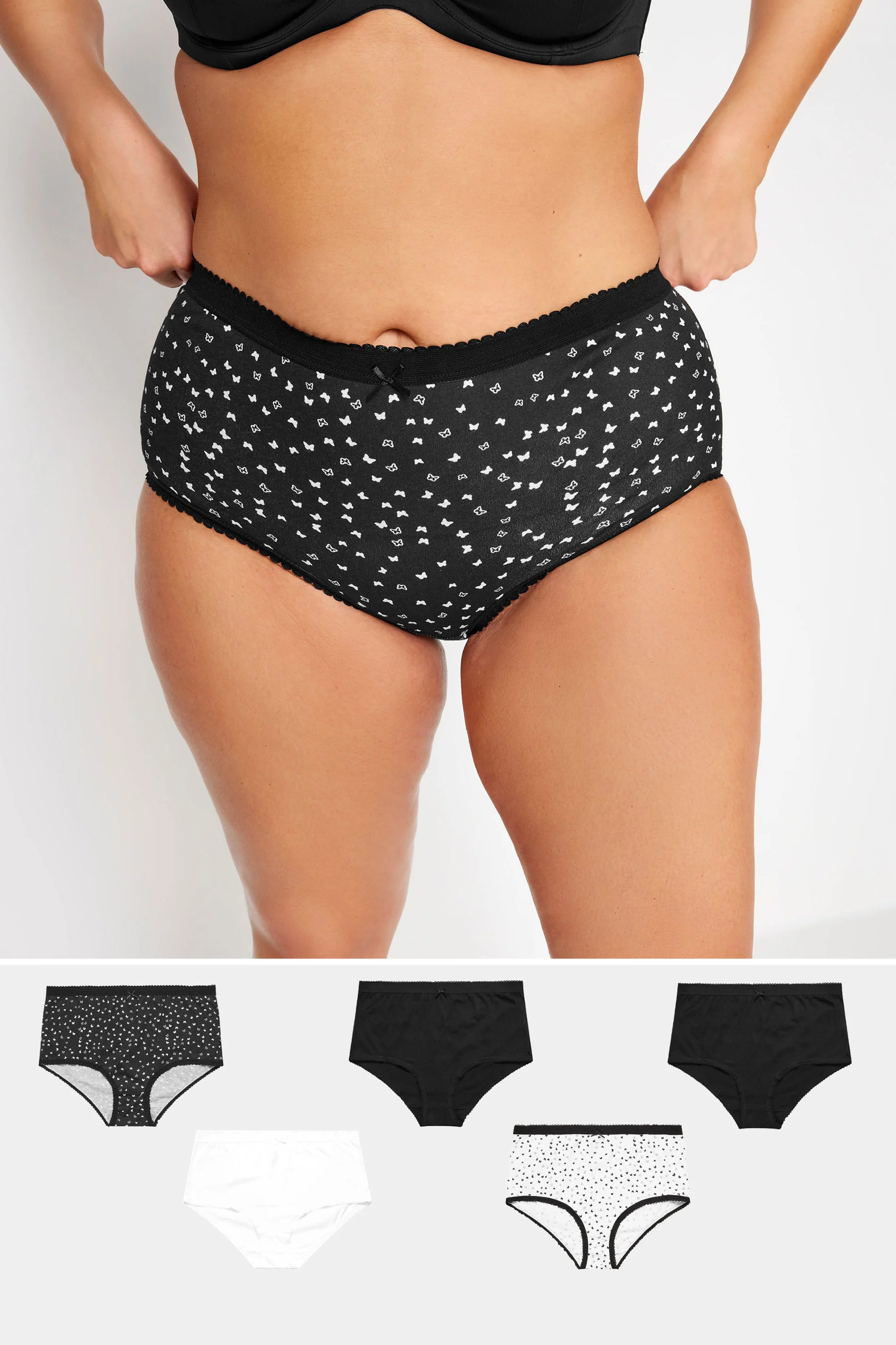 Yours YOURS 5 PACK Curve Black & White Butterfly Design High Waisted Full Briefs