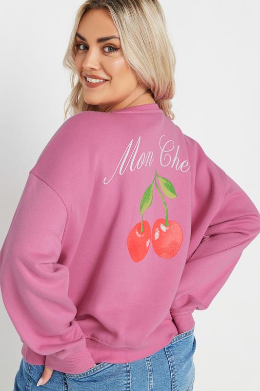 Yours YOURS Curve Pink 'Mon Cheri' Cherry Back Print Sweatshirt