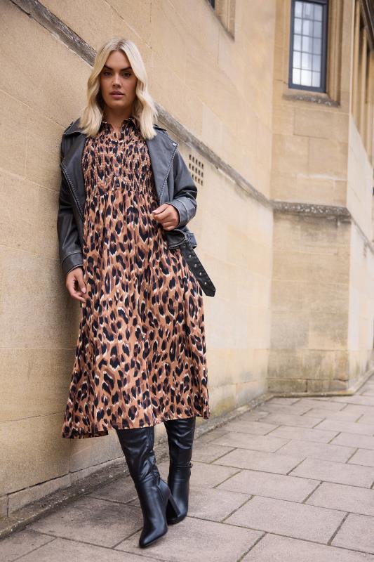 Yours YOURS Curve Brown Leopard Print Shirred Midaxi Dress