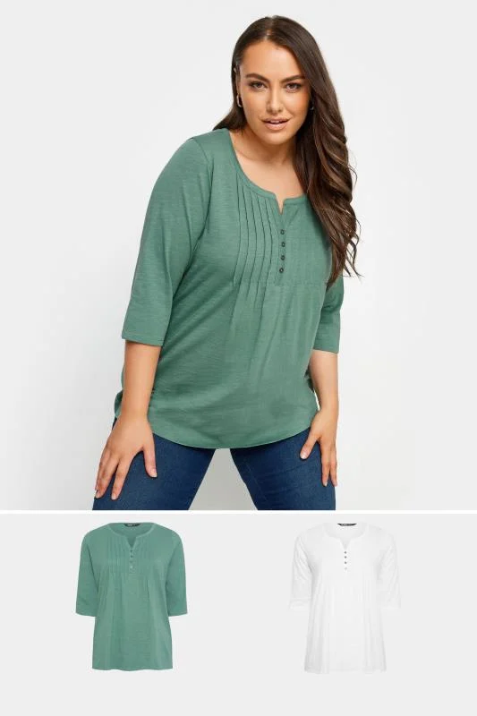 Yours YOURS 2 PACK Curve Green & White Pintuck Henley T-Shirts