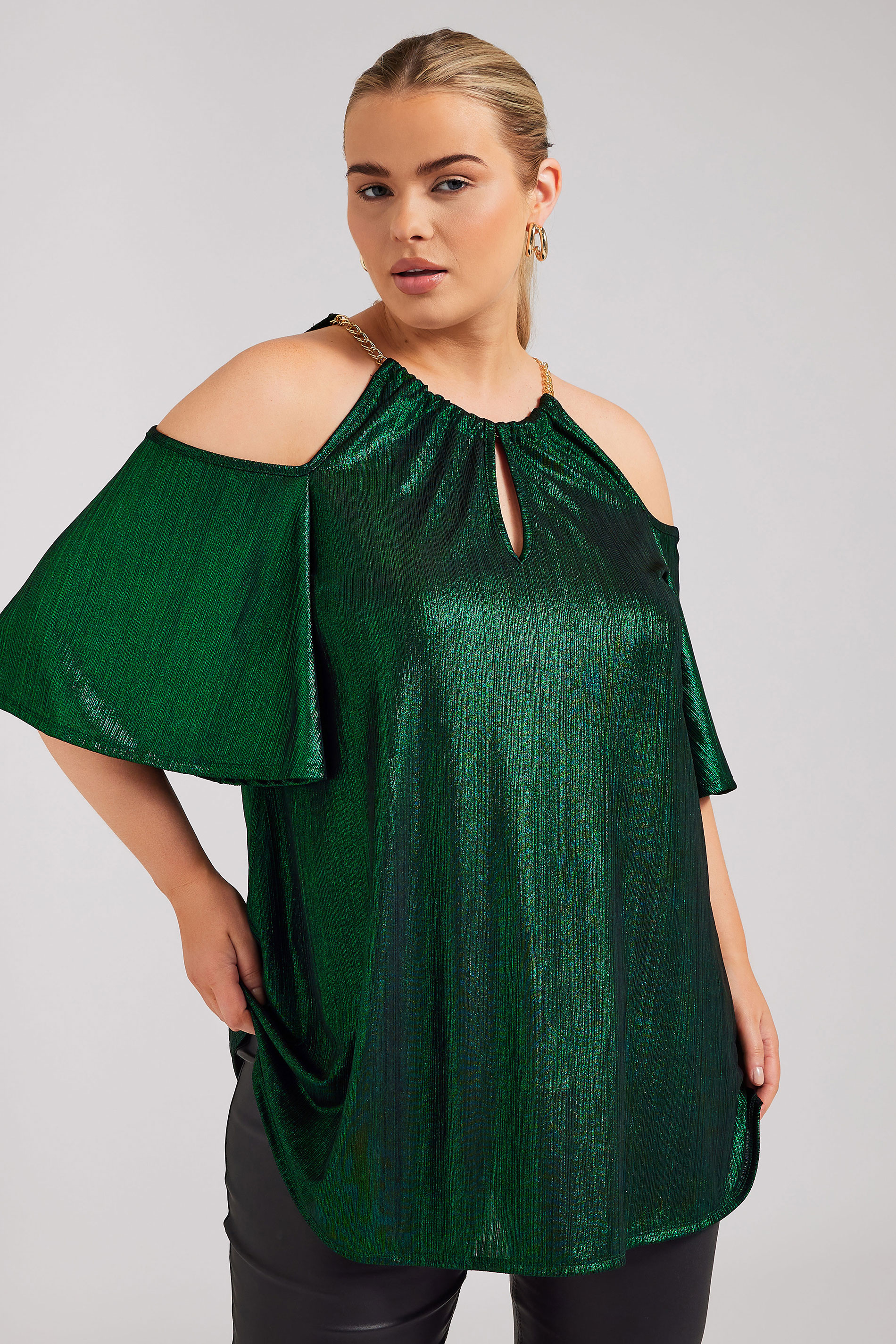 Yours London YOURS LONDON Curve Green Metallic Chain Detail Top