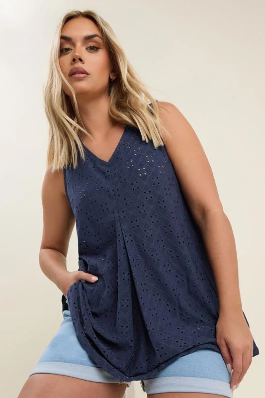 Yours YOURS Curve Navy Blue Broderie Anglaise Swing Vest Top