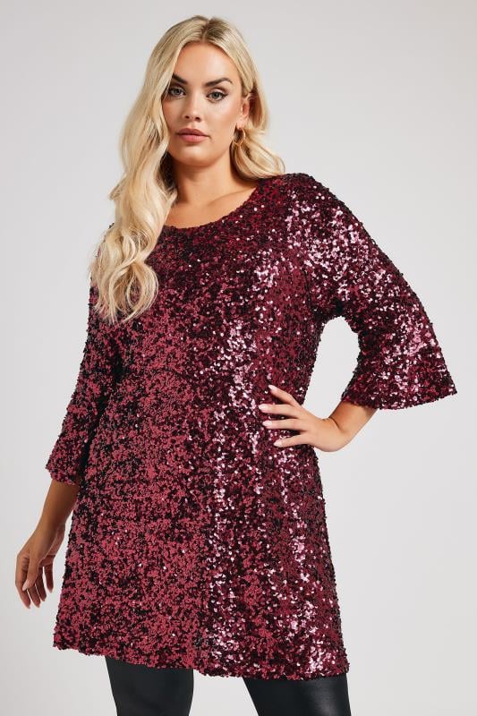Yours London YOURS LONDON Curve Red Sequin Flute Sleeve Top